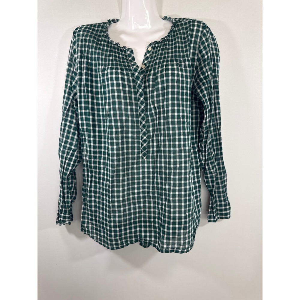 J.Crew Green Gingham Ruffle Neck Pleated Cotton Blouse Women 6T Tall Preppy Top